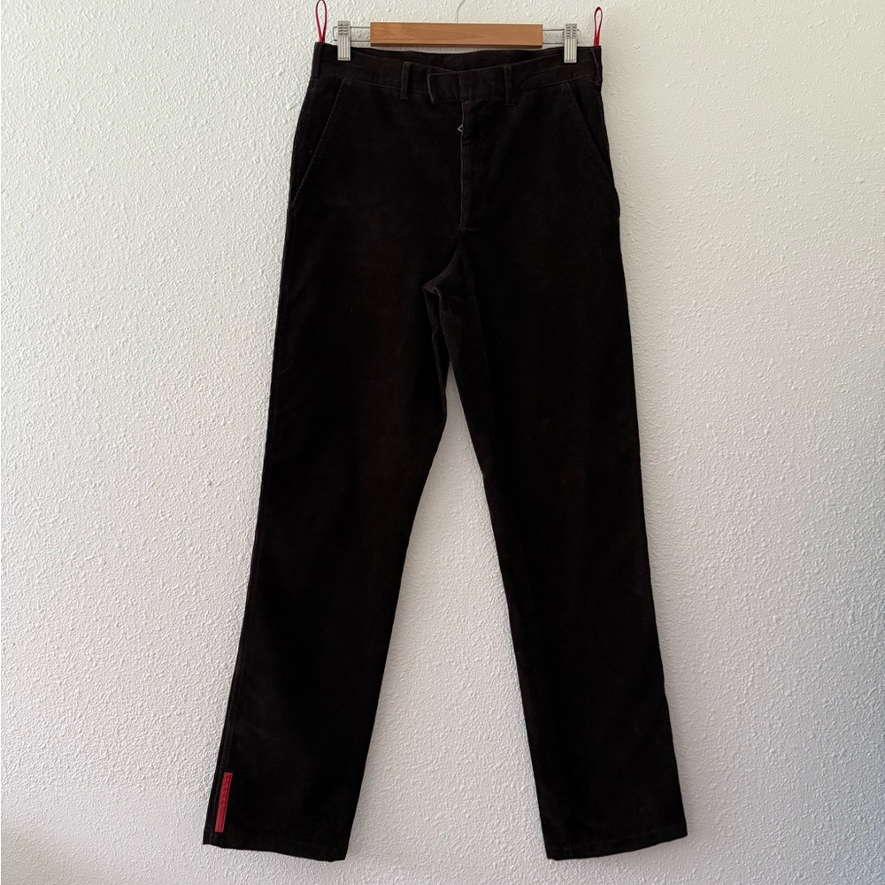 Prada dark brown corduroy trousers with red tabs